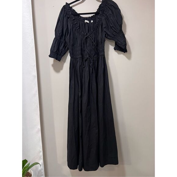Doen Women's Black Puff Sleeve Ruffle Smocked Ischia Poplin Dress Large NWOT - Picture 9 of 16